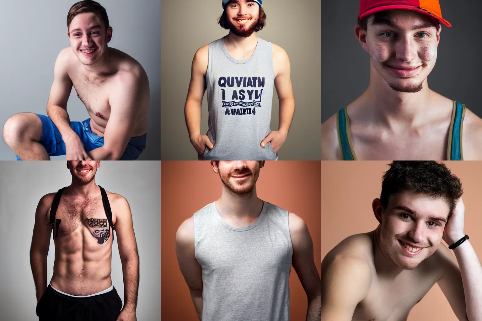 Prompt: large full foramat portrait of a university student with light freckles wearing his basecap and tanktop, he is smirking shyly into the camera for a cover of a gay / lgbtqt print magazine, 1. 4, award winning photograph, colorful contrasted studio lighting, ambient soft focus, handsome face, milkboys