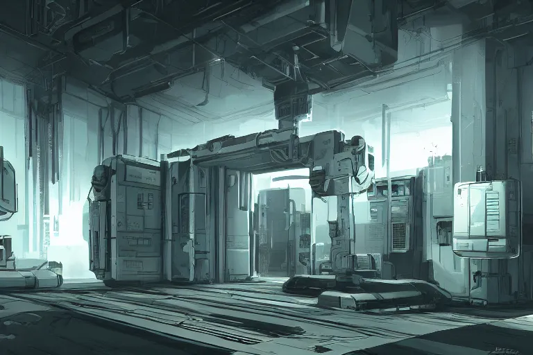 Image similar to parallax datacenter server room interior single mono colossus white rusty android guest robosaurus artstation cinematic detailed concept art sharp coherent cgsociety symmetric perfect well balanced shadows lotr swithes routers