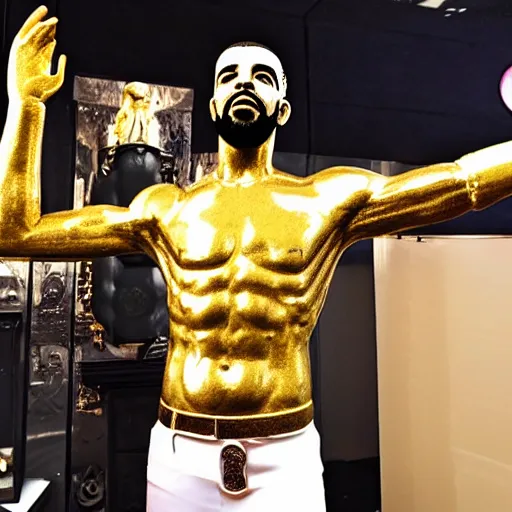 Image similar to Drake worshipping a golden statue of himself, low angle