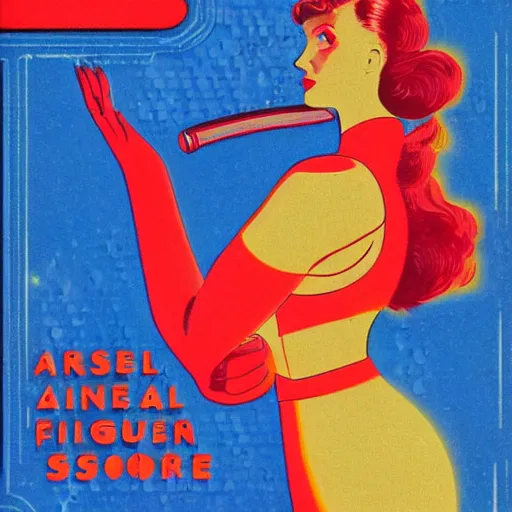 Image similar to vintage sci-fi book cover, high detail, damsel in distress, warm azure tones, red color bleed, film grain