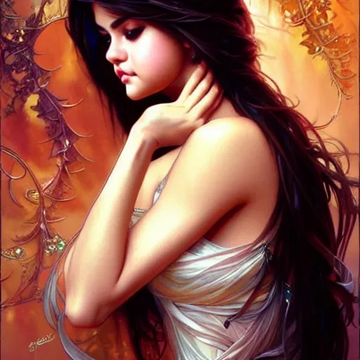 Image similar to selena gomez, beauty expressive pose, fantasy, intricate, elegant, highly detailed, digital painting, artstation, concept art, smooth, sharp focus, illustration, art by artgerm and greg rutkowski and alphonse mucha