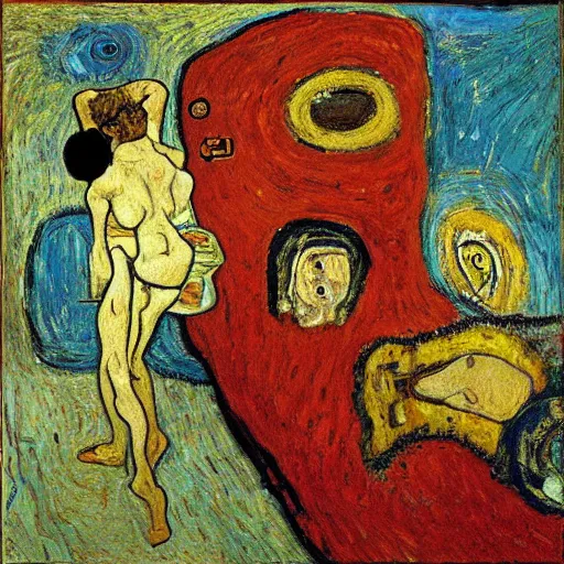 Image similar to The persistence of memory painting by Vincent van Gogh klimt Jean-Michel Basquiat Egon Schiele