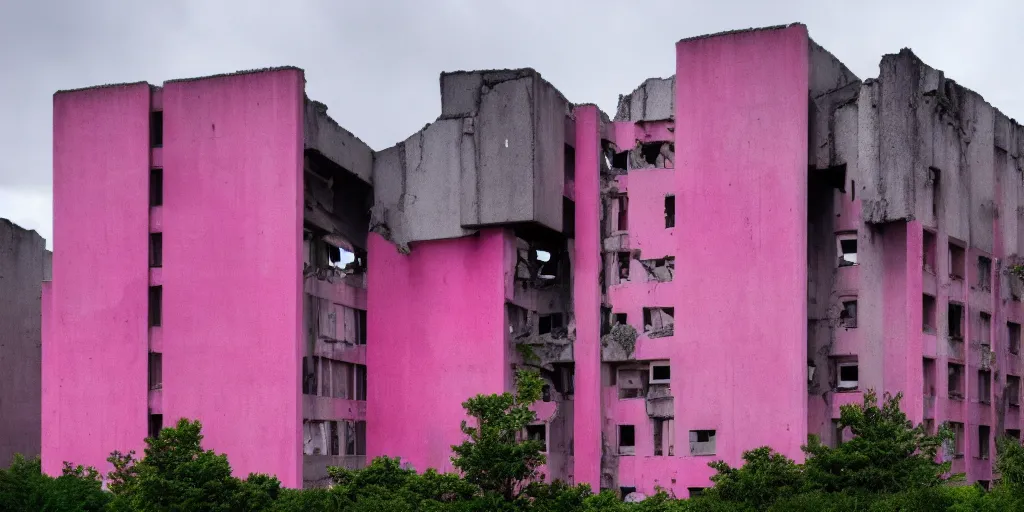 Prompt: a photo of a brutalist building ruins with accents of pink and cyan. dark and moody.