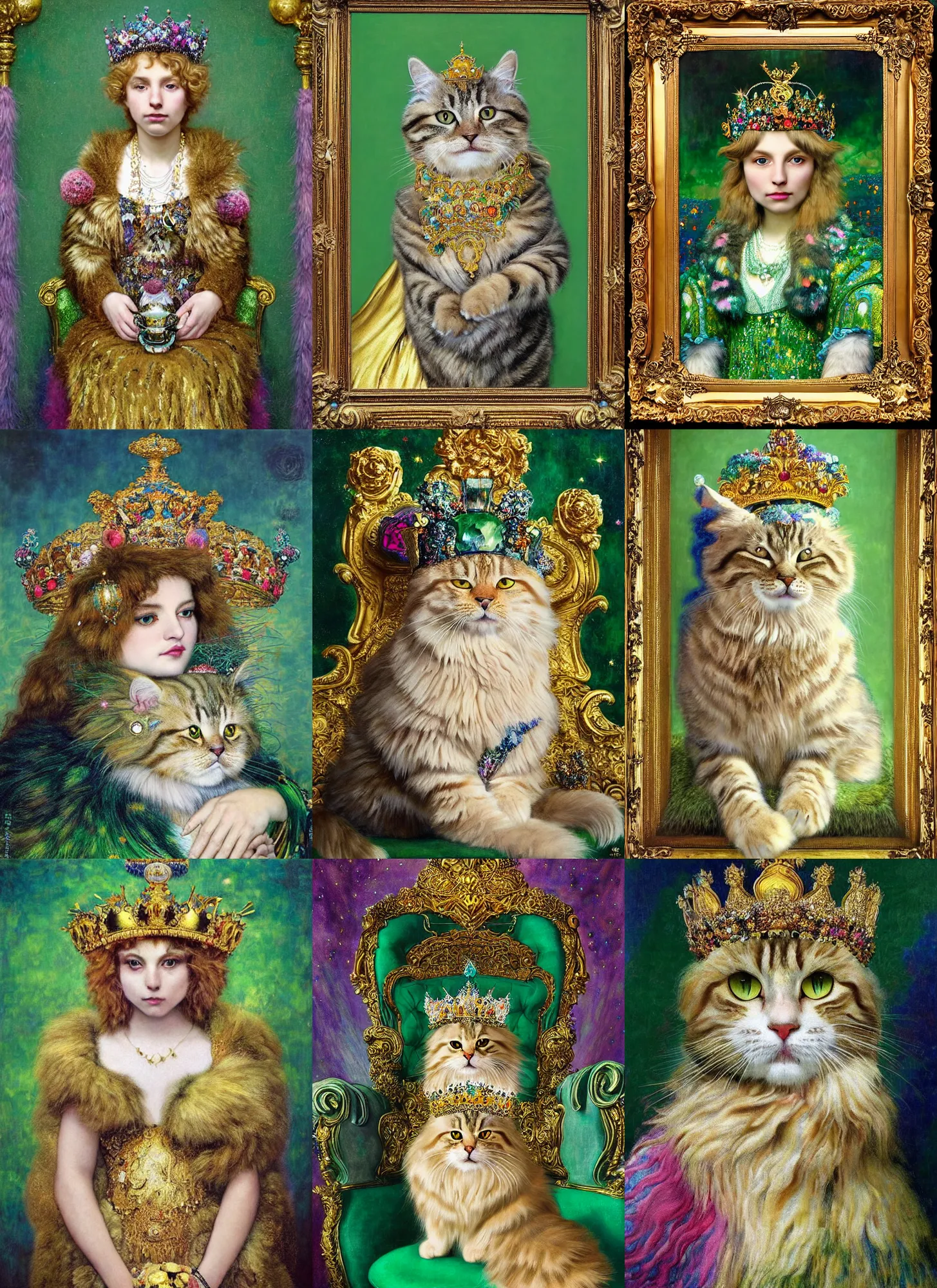 Prompt: “ an majestic portrait of a very fluffy tabby cat wearing a crown, on a throne of crystals, titian, sam spratt, maxfield parrish, gustav klimt, tom bagshaw, mark ryden, alphonse mucha, high detail, 8 k, intricate ornamental details, vibrant iridescent colors, green magenta and gold ”