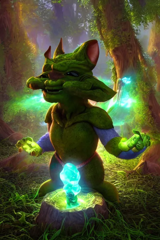 Image similar to arcane fantasy art giant shreak!!! elemental wood rock bastion forged gemstone enchanted forest troll, global illumination ray tracing hdr fanart arstation by sung choi and eric pfeiffer and gabriel garza and casper konefal lisa frank zbrush central hardmesh radiating a glowing aura