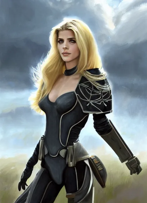 Prompt: portrait of a combination of Ashley Greene, Katheryn Winnick, Victoria Justice and Adriana Dxim, Grace Kelly, Emma Watson and Lily Collins with blonde hair wearing Terran Armor from StarCraft, countryside, calm, fantasy character portrait, dynamic pose, above view, sunny day, thunder clouds in the sky, artwork by Jeremy Lipkin and Giuseppe Dangelico Pino and Michael Garmash and Rob Rey and Greg Manchess and Huang Guangjian, very coherent asymmetrical artwork, sharp edges, perfect face, simple form, 100mm