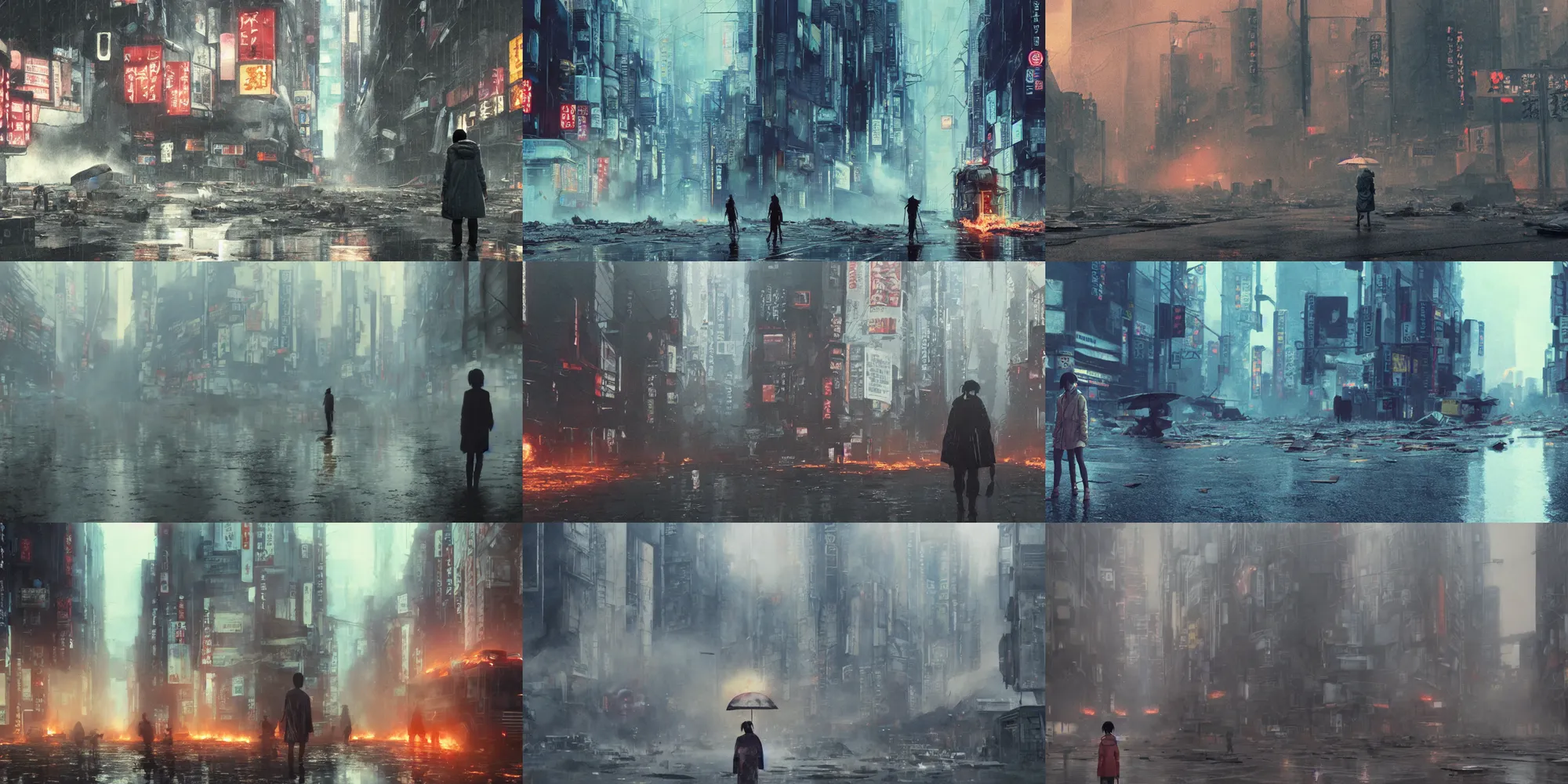 Prompt: incredible wide screenshot, ultrawide, simple water color, paper texture, katsuhiro otomo ghost in the shell movie scene, backlit shot girl in parka, wet dark road, parasol in deserted junk pile shinjuku,, earthquake destruction, reflection, thick fog, smoke, destroyed robots, blazing fire, burning bus inferno
