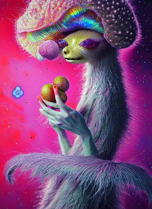 Image similar to hyper detailed 3d render like a Oil painting - kawaii portrait Aurora (a skeksi from dark crystal) seen Eating of the Strangling network of yellowcake aerochrome and milky Fruit and His delicate Hands hold of gossamer polyp blossoms bring iridescent fungal flowers whose spores black the foolish stars by Jacek Yerka, Ilya Kuvshinov, Mariusz Lewandowski, Houdini algorithmic generative render, Abstract brush strokes, Masterpiece, Edward Hopper and James Gilleard, Zdzislaw Beksinski, Mark Ryden, Wolfgang Lettl, hints of Yayoi Kasuma, octane render, 8k