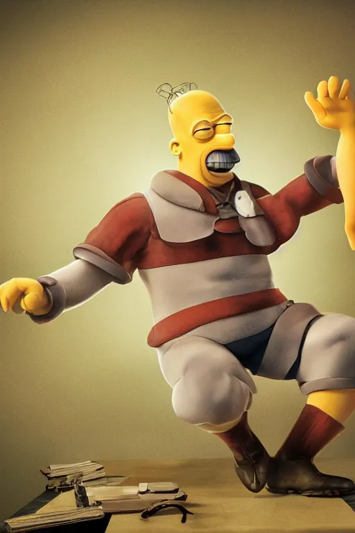 Image similar to An epic cinematic film still of a realistic Homer Simpson.