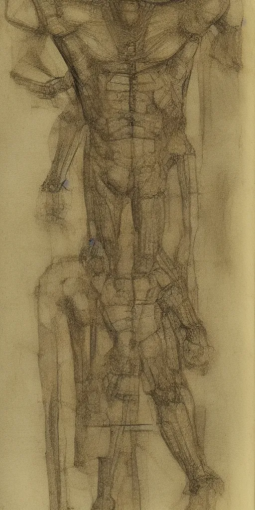 Image similar to humanoid machine sketch by Leonardo da Vinci, sketchbook, highly detailed, symmetrical