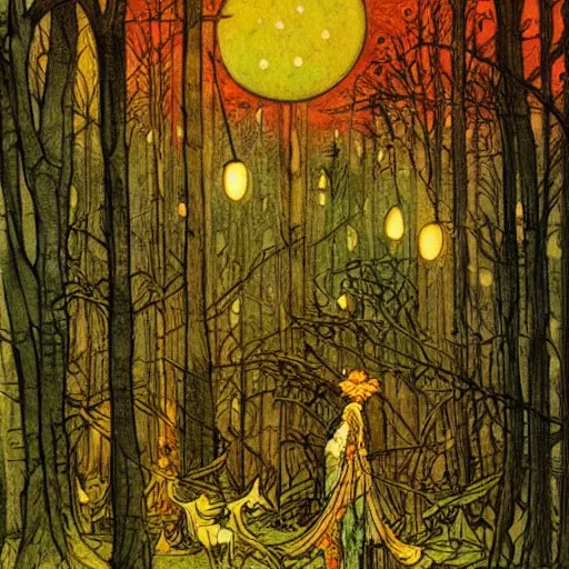 Prompt: Forest at night with floating lights, magical, by Rebecca Guay