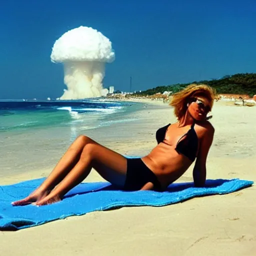 Image similar to pretty woman sunbathing on the beach with a nuclear explosion in the background