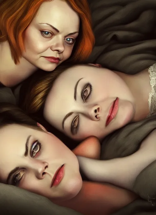 Image similar to christina ricci and emma stone lying in bed, backround dark, highly detailed, digital illustration, trending in artstation, modern painting, smooth, sharp focus, intricate, einar jonsson, ilya repin