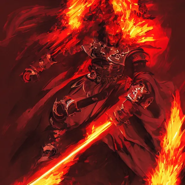 Prompt: a beautiful painting of a monk in red-hot armor wielding two flaming swords by Yoji Shinkawa, Dota, heavy line work, chiaroscuro lighting, beautiful and cool. Trending on ArtStation