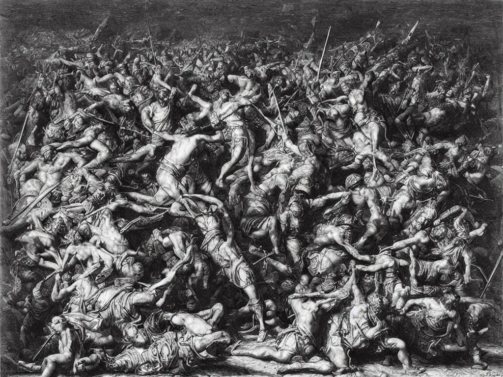 Image similar to burial mound of the Persian tyrant. The last fight of the Triasic. Painting by Gustave Dore, Pontormo