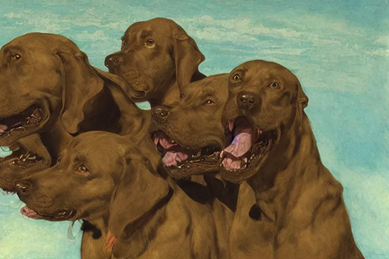 Image similar to hyperdetailed matte art of a three headed dog cerberus by william blake, ilya repin, amano, rene magritte, craig mullins, three headed dog cerberus, details