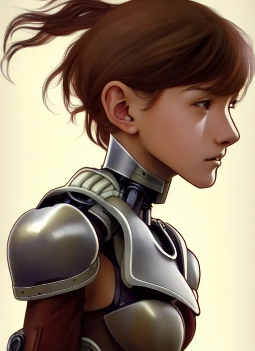 Image similar to young mysterious girl with light hazelnut hair with side swept bangs, perfectly proportioned face, brown eyes, strong square jawline, natural lighting, path traced, highly detailed, high quality, cartoon, digital painting, by new haicheng and studio ghibli and alphonse mucha wearing an cyborg space armor designed by neill blomkamp