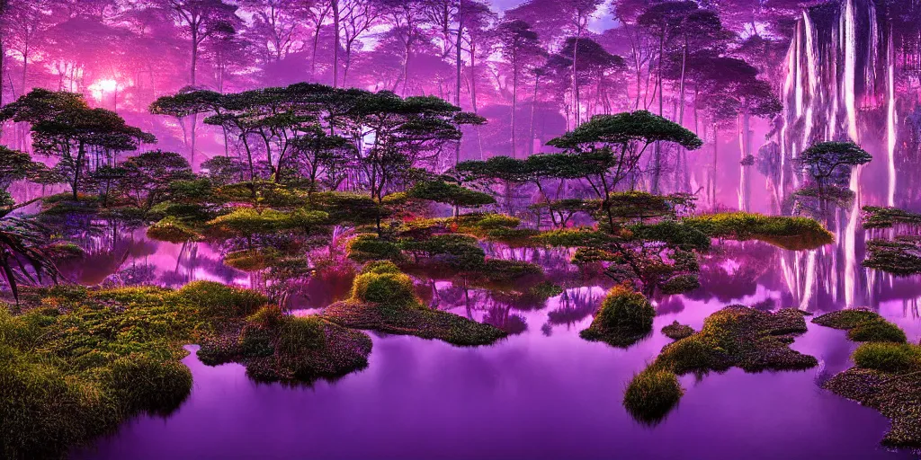 Prompt: hyper detailed ultra reflective sparkling crystalline masterpiece incrustations, lake landscape, hiro isono, lush paradise garden, high waterfalls and rock pools, subtle hues of magenta & purple split tone by james mccarthy, cinematic forest lighting during golden hour