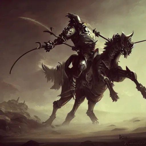 Image similar to a knight riding a skeleton horse, digital art, trending on artstation, by Bayard Wu