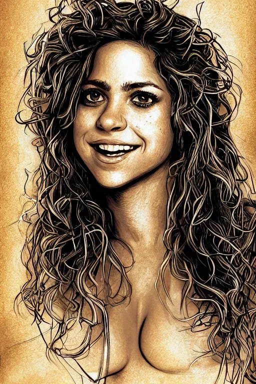 Prompt: a portrait of sexy shakira with long hair, drawn by rembrandt and dan mumford, poster, digital art, comic art, concept art,, single head, no double head,