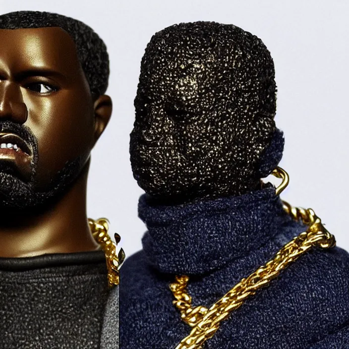 Image similar to a goodsmile figure of kanye west using a black face - covering mask made of cloth with small holes, a blue undersized open puffer jacket, a black shirt underneath, small gold chain, and black rubber boots, figurine, detailed product photo