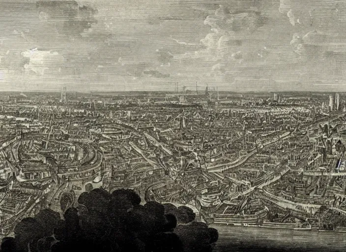 Prompt: detail from Hollar’s Panoramic view of London, 2047