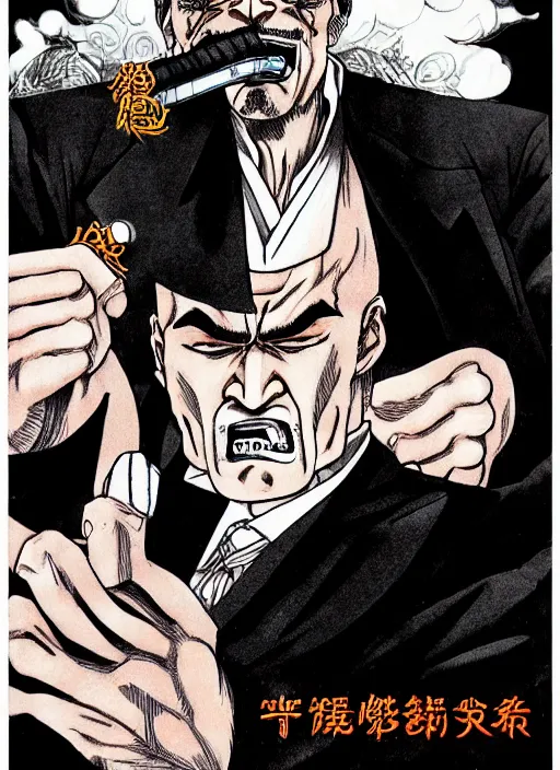 Prompt: heihachi mishima dressed formally, smoking a cigar, drawn in the style of keisuke itagaki, manga illustration, tekken