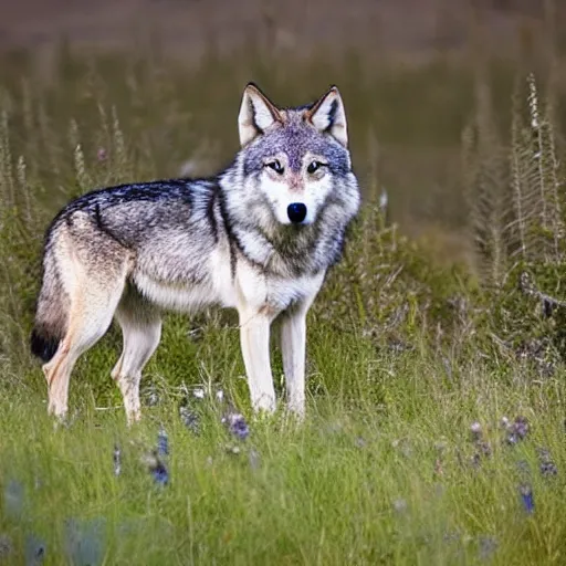 Image similar to Full body photo of a wolf with feathers, real life festhered lupine