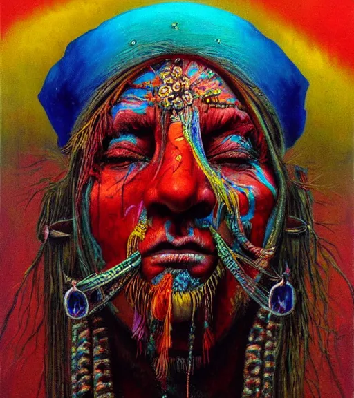 Image similar to Portrait painting in a style of Beksinski mixed with Alex Grey of an old shaman dressed in a colorful traditional clothes.