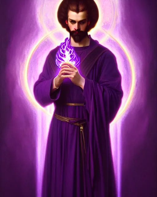 Image similar to portrait of saint germain, he holding the violet purple indigo flame, completely violet colored, intricate, elegant, highly detailed, digital painting, artstation, concept art, smooth, sharp focus, illustration, art by artgerm and greg rutkowski and fra angelico and alphons mucha