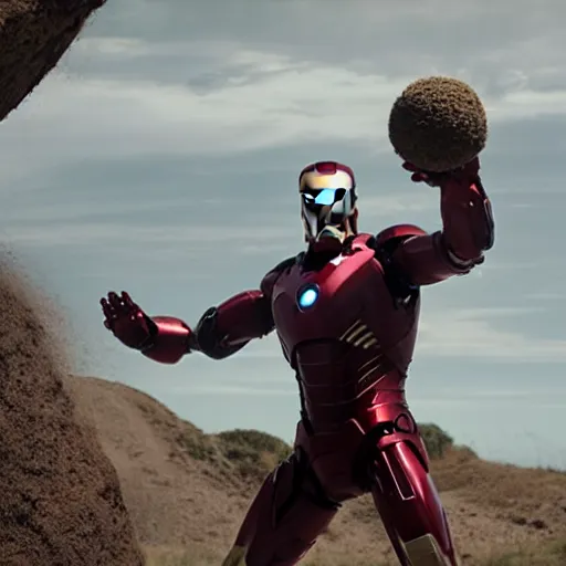 Image similar to an film still of ironman stopping giant rusty ball hit the earth, cinematic, heroic scene