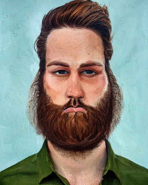 Prompt: a portrait of a man with brown hair and green eyes, strong jawline, slightly overweight, fat, long hair, greasy hair, neckbeard, nerdy, attractive, button - up shirt, handsome and attractive, masculine features, oil on canvas, very detailed oil painting
