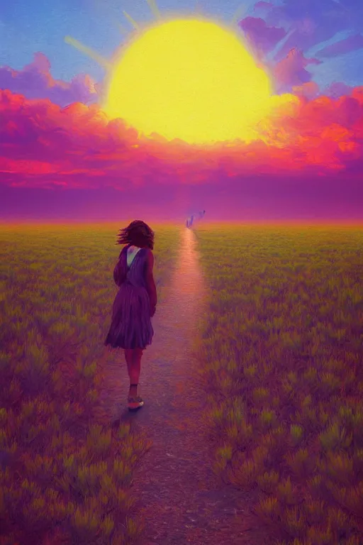 Image similar to giant corn flower head, girl walking in the desert, surreal photography, sunrise, dramatic light, impressionist painting, colorful clouds, digital painting, artstation, simon stalenhag