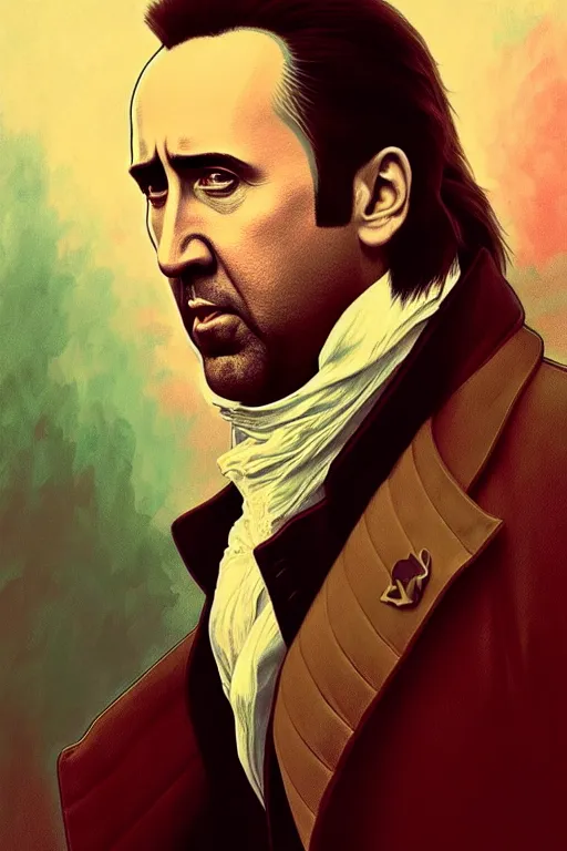 Image similar to a portrait of nicolas cage as hamilton, fantasy, sharp focus, intricate, elegant, digital painting, artstation, matte, highly detailed, concept art, illustration, ambient lighting, art by ilya kuvshinov, artgerm, alphonse mucha, and greg rutkowski