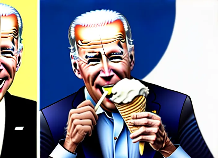 Image similar to political cartoon, joe biden eating an ice cream cone, white background, realistic, detailed