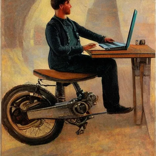 Prompt: a man on a motorcycle programming on a laptop computer. in style of ilya repin