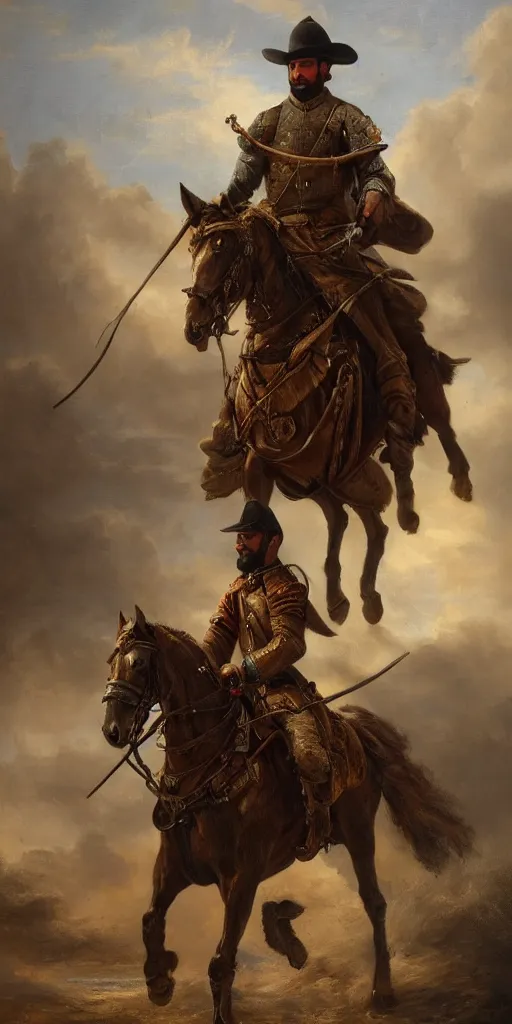 Prompt: Highly detailed and cinematic romantic period oil painting of an Arabian soldier riding a rearing horse, strong atmosphere, oil painting masterpiece by Josep Tapiró Baró, RPG portrait, dynamic lighting, 8K