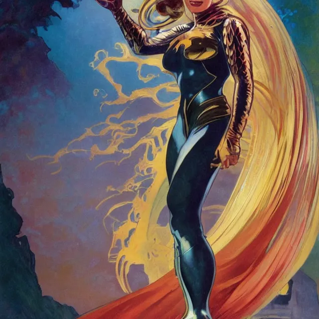 Prompt: an aesthetic!, detailed portrait of margot robbie dressed as a superhero for marvel studios, action movie still, by frank frazetta and alphonse mucha, oil on canvas, bright colors, art nouveau, epic composition, dungeons & dragons, fantasy art, hd, god - rays, ray - tracing, crisp contour - lines, huhd - 8 k