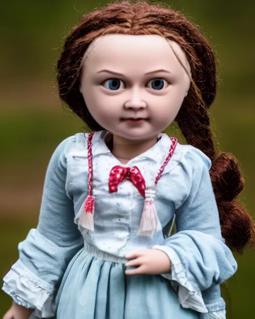 Image similar to high quality presentation photo of a cute greta thunberg porcelain doll in the style of mark ryden photography 4k, f1.8 anamorphic, bokeh, 4k, Canon, Nikon