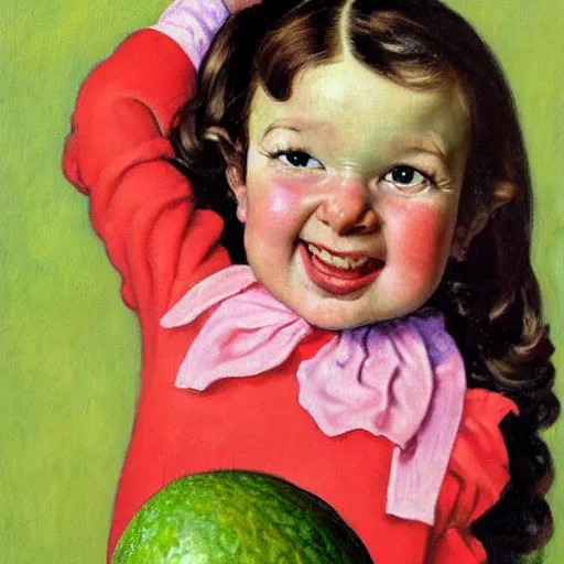 Prompt: Front portrait of Super-avocado-girl! A painting by Norman Rockwell.