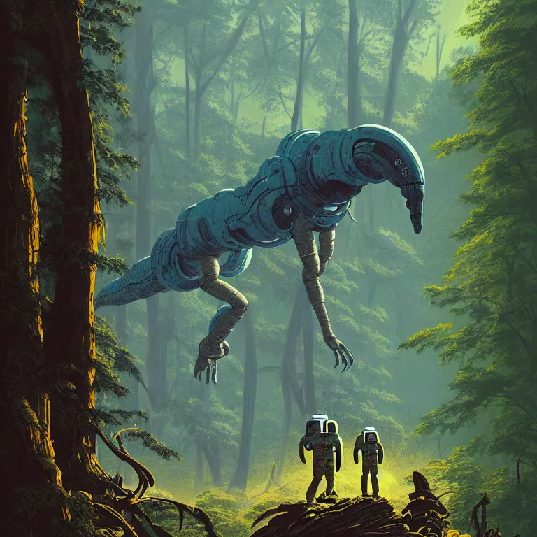 Prompt: illustration of a futuristic astronaut in a forest, giant dinosaur, highly detailed, by James Gilleard and Bruce Pennington