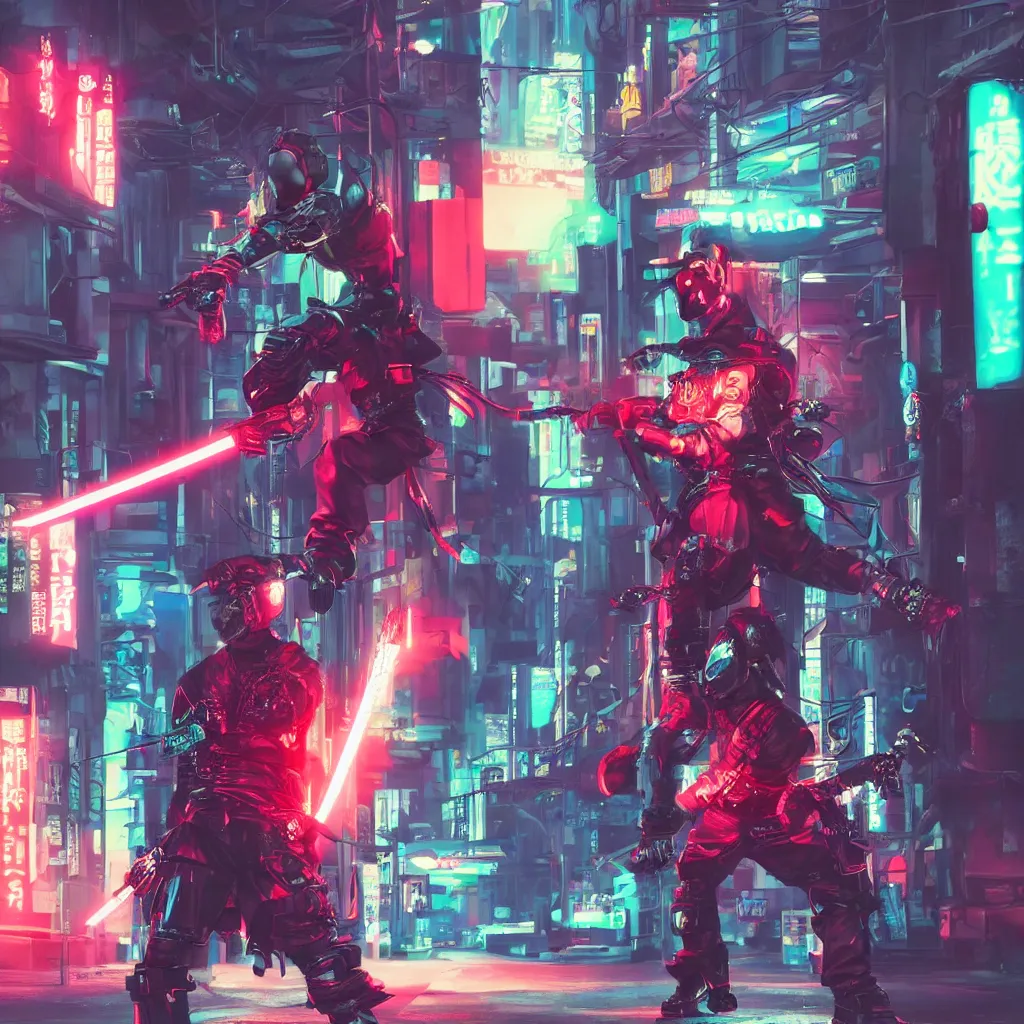 Image similar to sci-fi cyberpunk street samurai neon lights, fighter pose, inside fight cage, realistic, 8k, full body, katana, baggy clothes