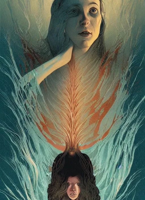 Image similar to poster artwork by Michael Whelan and Tomer Hanuka, Karol Bak of A warped understanding of the wake of its last pained memory, yet quite raw like that same wound that holy water never closed up, from scene from Twin Peaks, clean, simple illustration, nostalgic, domestic, full of details