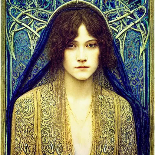 Image similar to detailed realistic portrait of a beautiful young medieval queen by jean delville, art nouveau, symbolist, visionary, gothic