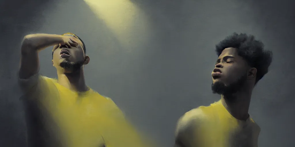 Image similar to painting of a cinematic still of a young light - skin black rapper singing, wearing a white tank top, extremely detailed digital painting, in the style of fenghua zhong and ruan jia and jeremy lipking and peter mohrbacher, predominant colors are black and yellow, rim light, beautiful lighting, 8 k, raytracing, octane, trending on artstation
