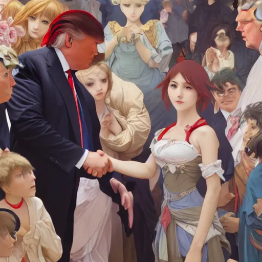 Image similar to anime girl shaking hands with donald trump, intricate, art by artgerm and greg rutkowski and alphonse mucha and william - adolphe bouguereau, high detailed, 4 k,