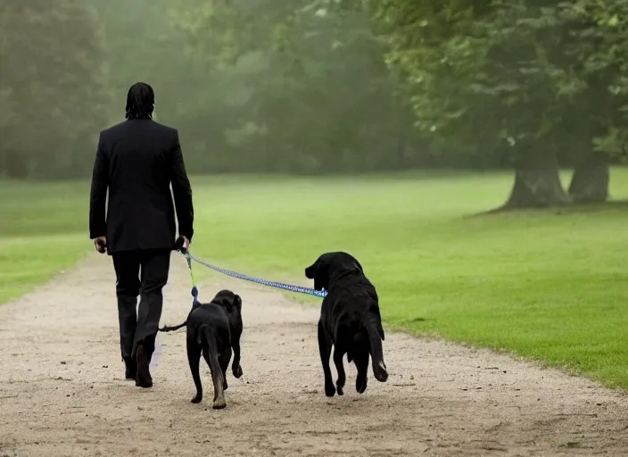 Image similar to film still of john wick played by keanu reeves walking his dog in the park in the new john wick movie, 4 k