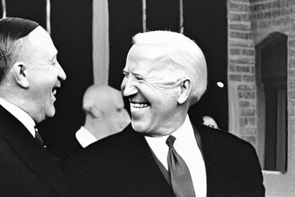 Image similar to “ very very intricate photorealistic photo of hitler and joe biden laughing together, detailed natural lighting, award - winning crisp details ”