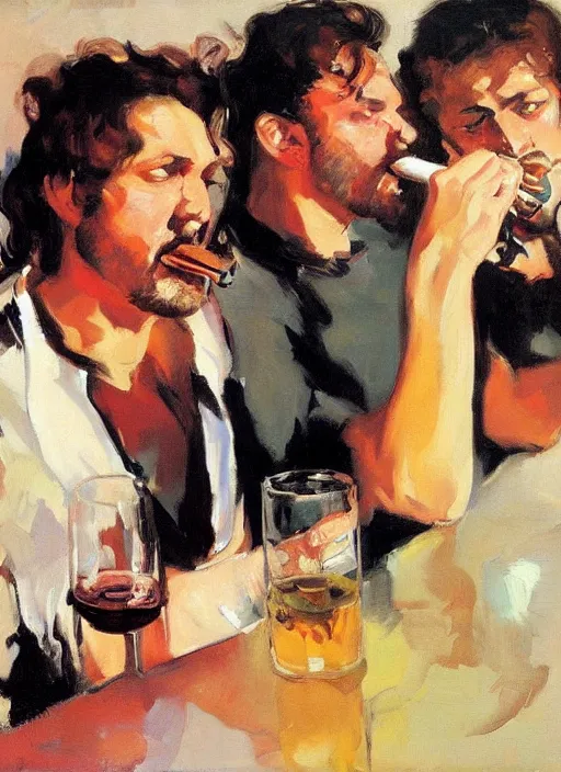 Image similar to glam rocker drinking brutal and raw wine with his friends by joaquin sorolla, phil hale, greek style