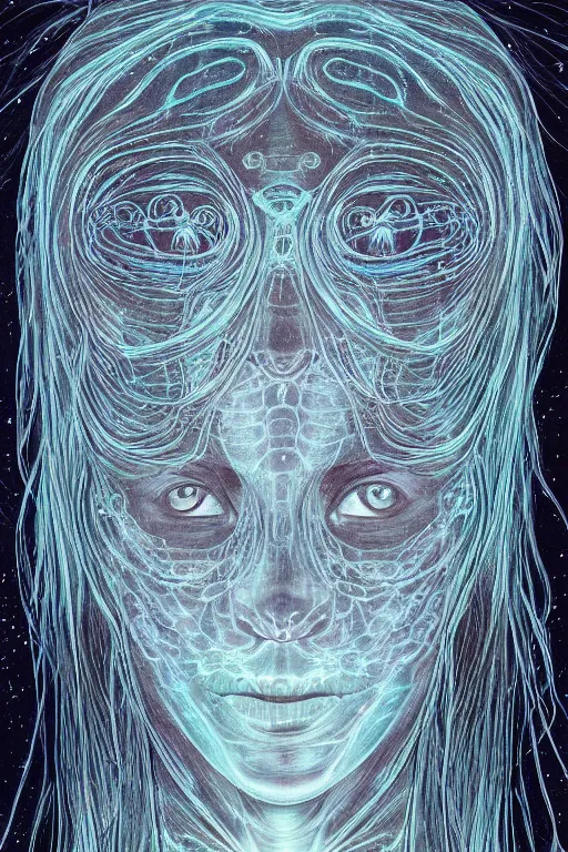 Prompt: dark underwater portrait of a Bioluminescent woman, with reaction diffusion semi-transparent skin. face closeup. long intricate dark hair, with jellyfish. very high detail, illustration, by alex grey